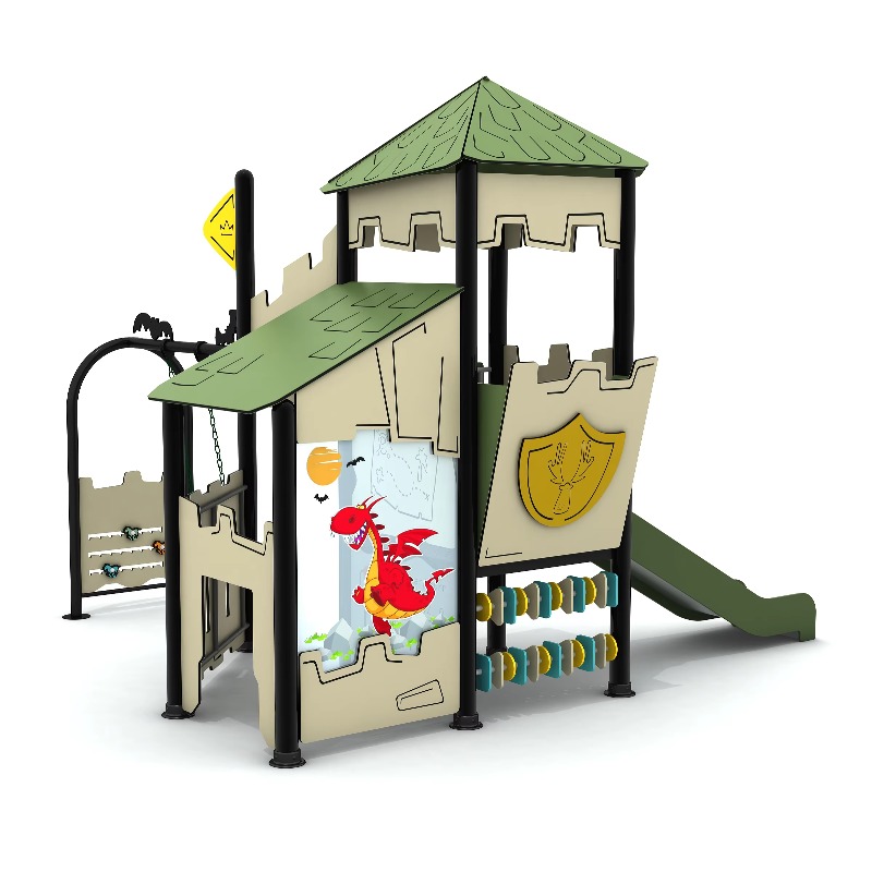 Kids Outdoor Wooden Playhouse - Houten buitenspeelset met stalen speelhuisje, geschikt